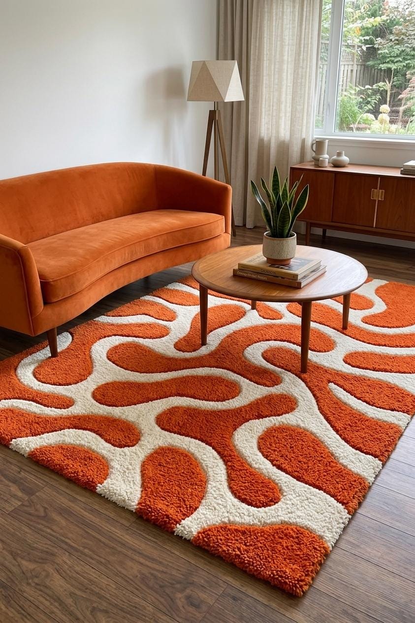 Hand Tufted Wool Area Rug, Burnt Orange Ivory Abstract Organic Pattern – view 4