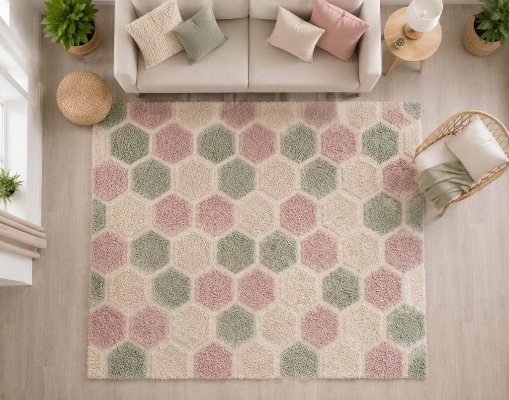 Hand-Tufted Wool Hexagon Rug | Sage Green, Blush Pink, Ivory Geometric Carpet – main view