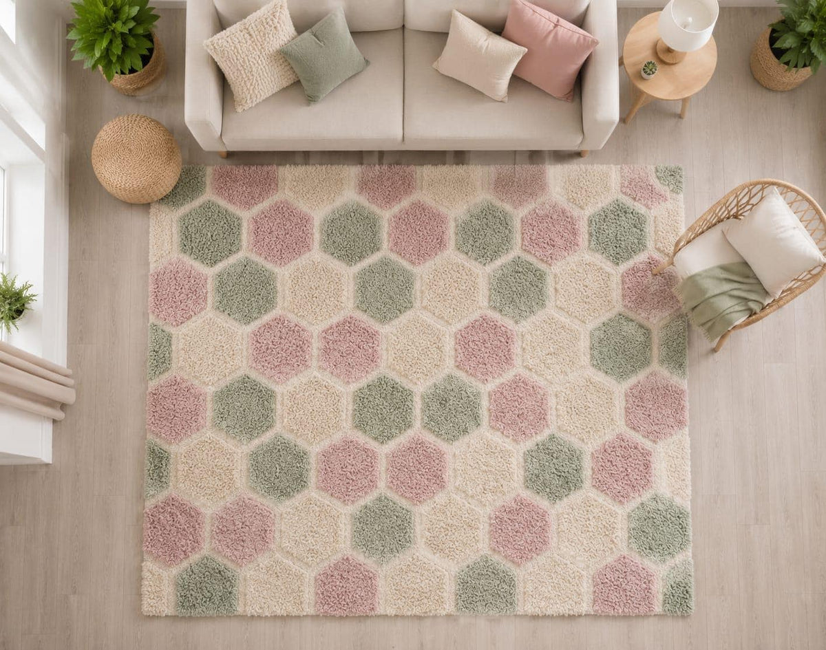 Hand-Tufted Wool Hexagon Rug | Sage Green, Blush Pink, Ivory Geometric Carpet – main view