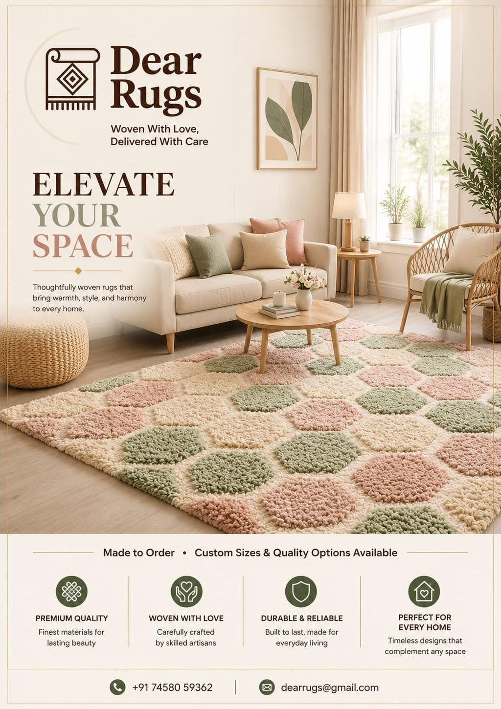 Hand-Tufted Wool Hexagon Rug | Sage Green, Blush Pink, Ivory Geometric Carpet – view 2