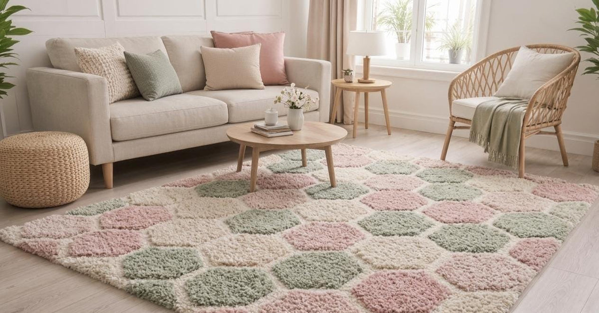 Hand-Tufted Wool Hexagon Rug | Sage Green, Blush Pink, Ivory Geometric Carpet – view 3