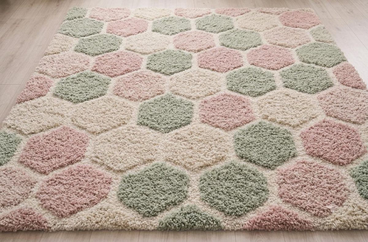 Hand-Tufted Wool Hexagon Rug | Sage Green, Blush Pink, Ivory Geometric Carpet – view 4