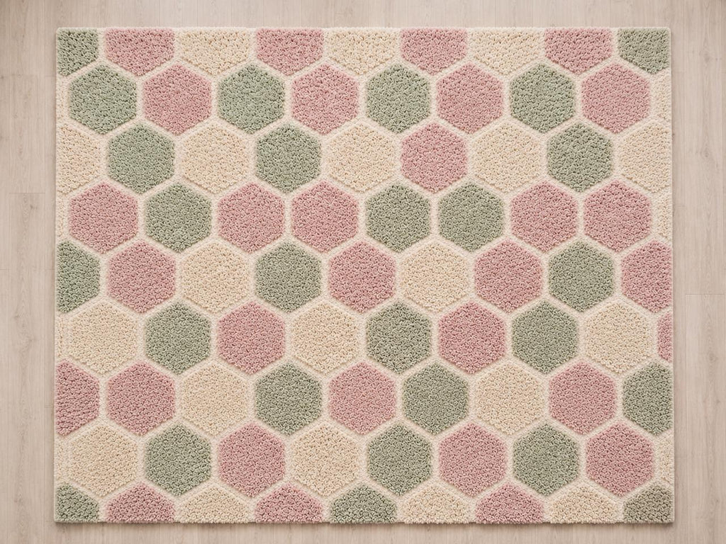 Hand-Tufted Wool Hexagon Rug | Sage Green, Blush Pink, Ivory Geometric Carpet – view 5