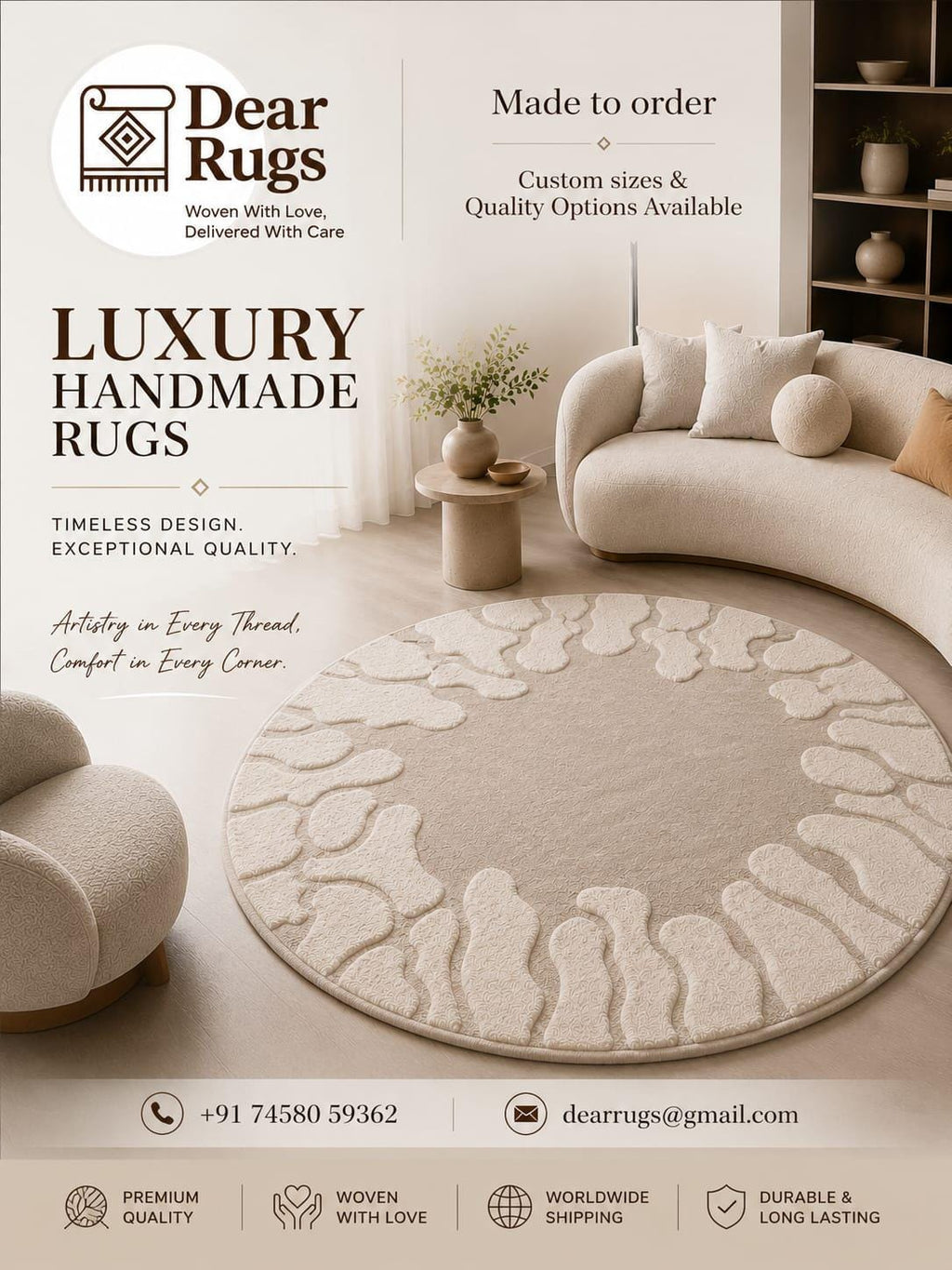 Hand Tufted Wool Round Rug, Organic Abstract Border, Scandinavian Beige Carpet – view 2