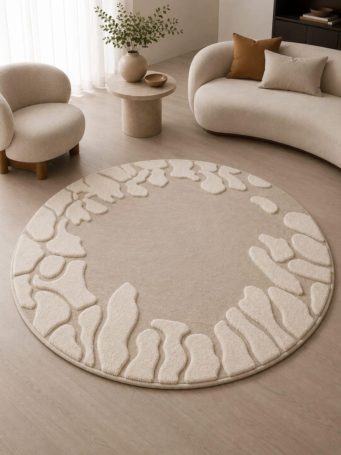 Hand Tufted Wool Round Rug, Organic Abstract Border, Scandinavian Beige Carpet – view 3
