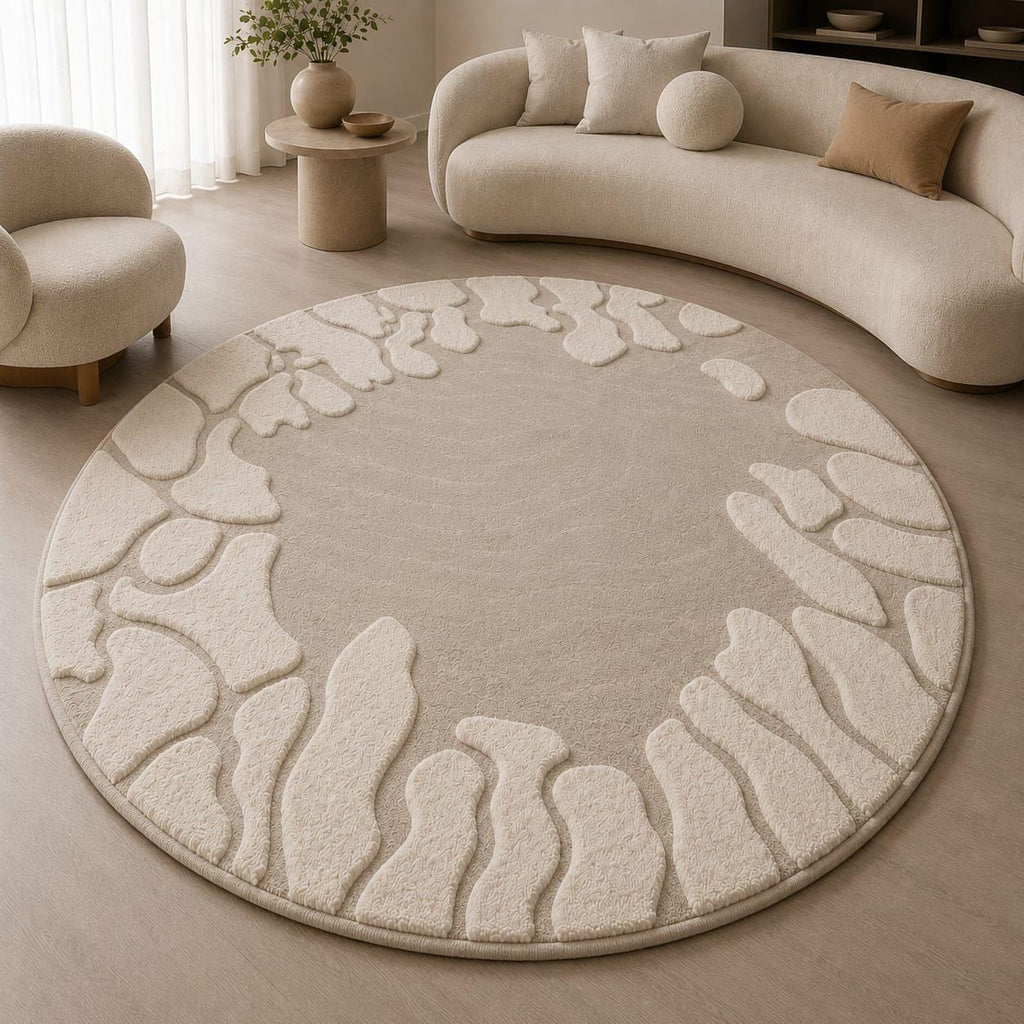 Hand Tufted Wool Round Rug, Organic Abstract Border, Scandinavian Beige Carpet – view 4