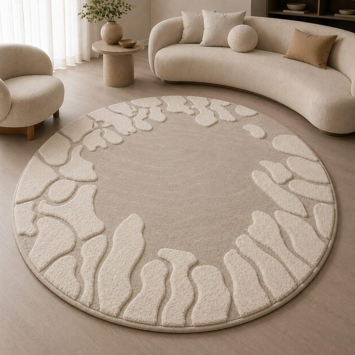 Hand Tufted Wool Round Rug, Organic Abstract Border, Scandinavian Beige Carpet – view 4