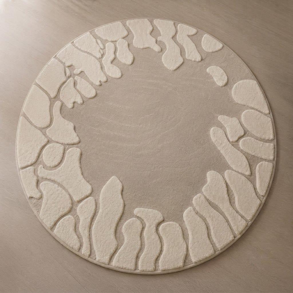 Hand Tufted Wool Round Rug, Organic Abstract Border, Scandinavian Beige Carpet – view 5