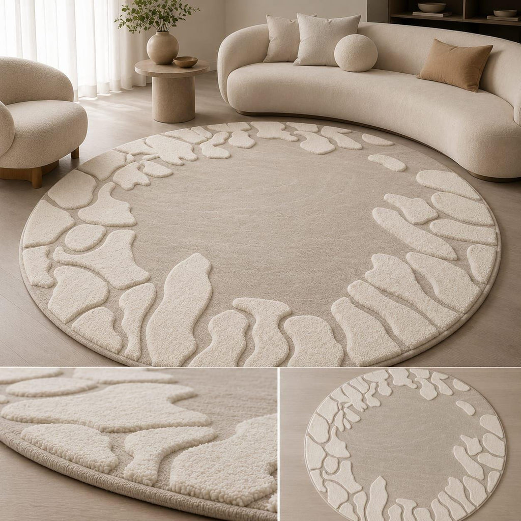 Hand Tufted Wool Round Rug, Organic Abstract Border, Scandinavian Beige Carpet – view 6