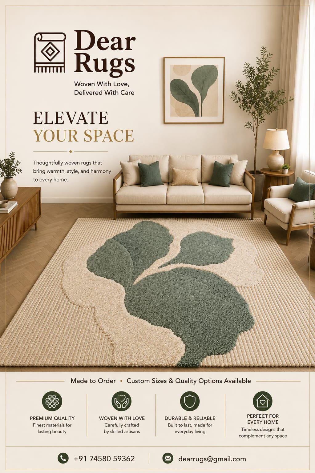 Hand Tufted Wool Rug, Sage Green Botanical Leaf Area Carpet, Japandi Home Decor – view 2