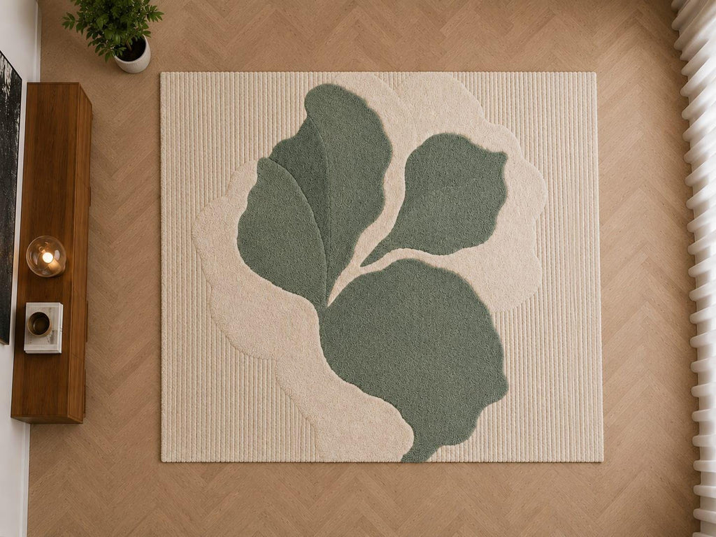 Hand Tufted Wool Rug, Sage Green Botanical Leaf Area Carpet, Japandi Home Decor – view 3