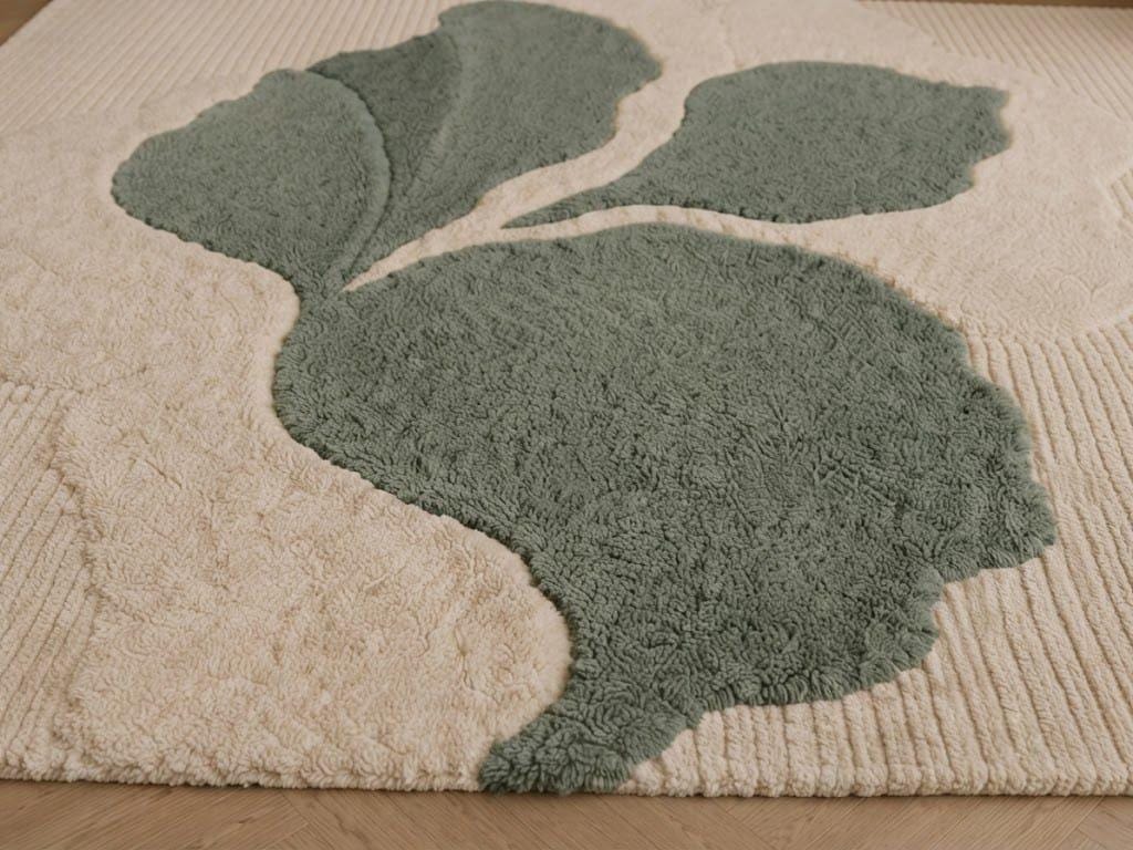 Hand Tufted Wool Rug, Sage Green Botanical Leaf Area Carpet, Japandi Home Decor – view 4