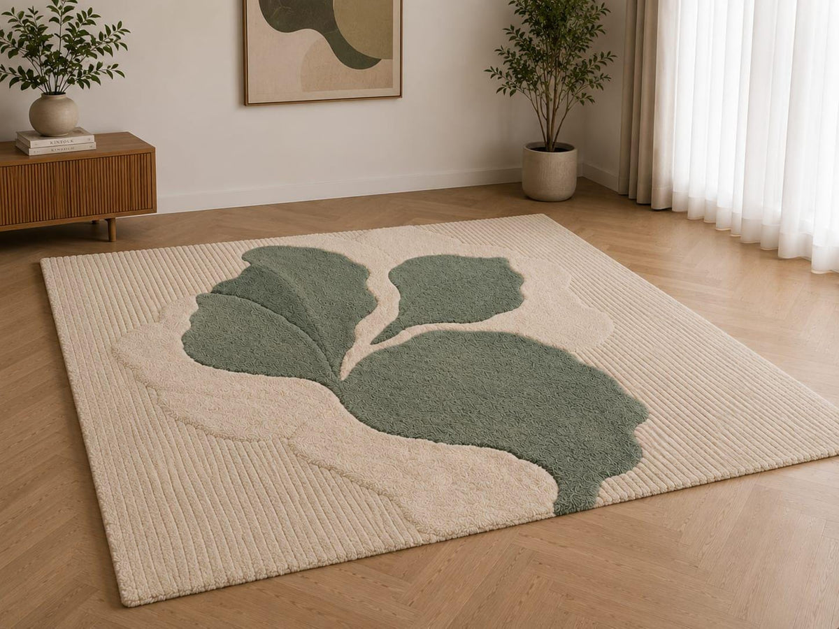 Hand Tufted Wool Rug, Sage Green Botanical Leaf Area Carpet, Japandi Home Decor – view 5