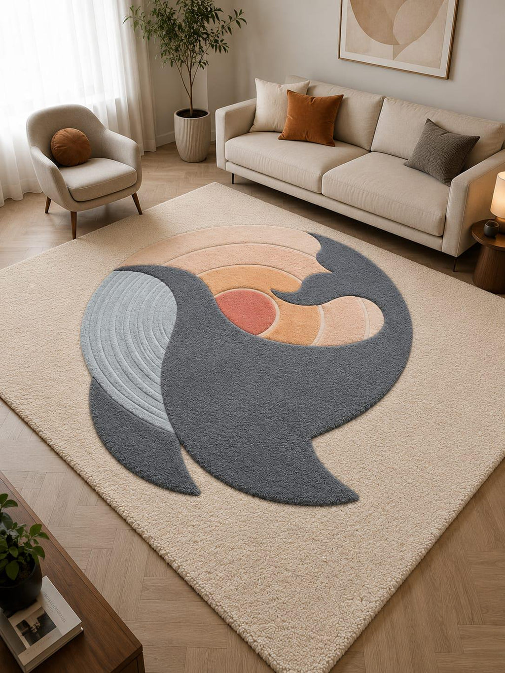 Hand-Tufted Wool Area Rug, Abstract Wave Sunrise Design, Scandinavian Japandi Neutral Mat – main view