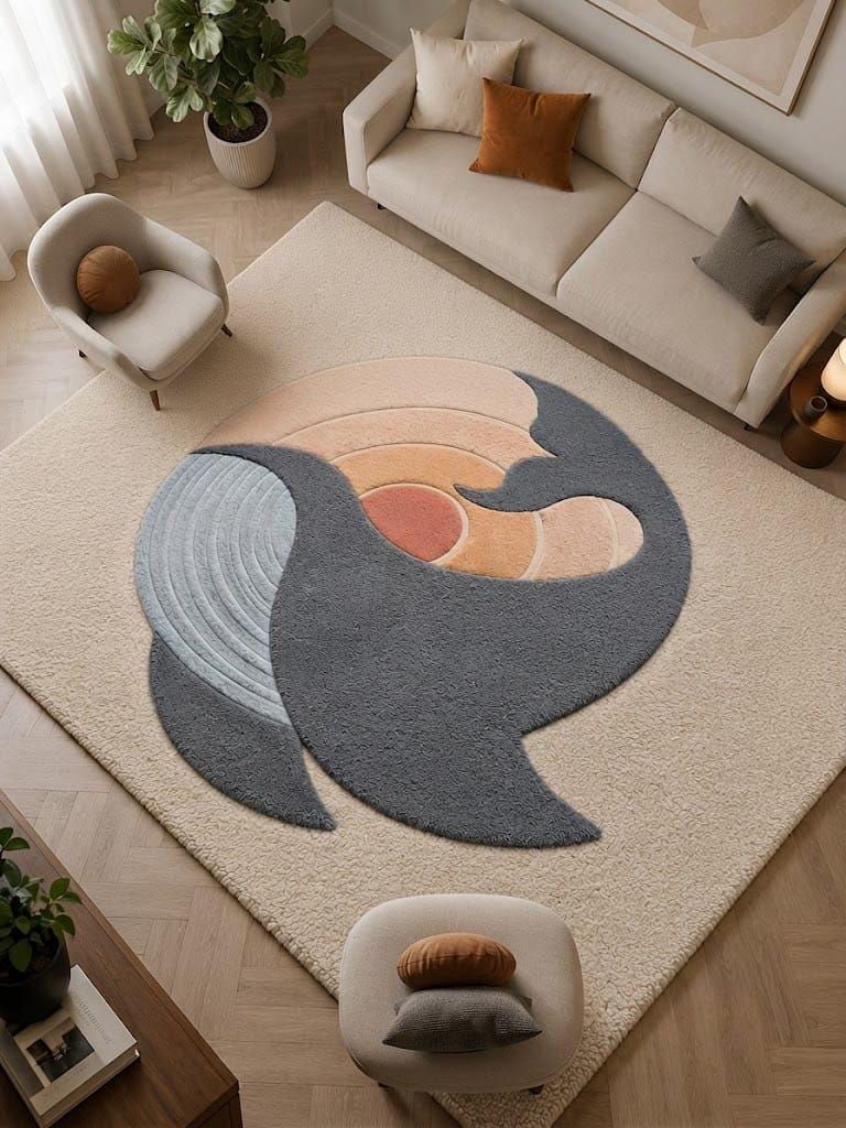 Hand-Tufted Wool Area Rug, Abstract Wave Sunrise Design, Scandinavian Japandi Neutral Mat – view 2