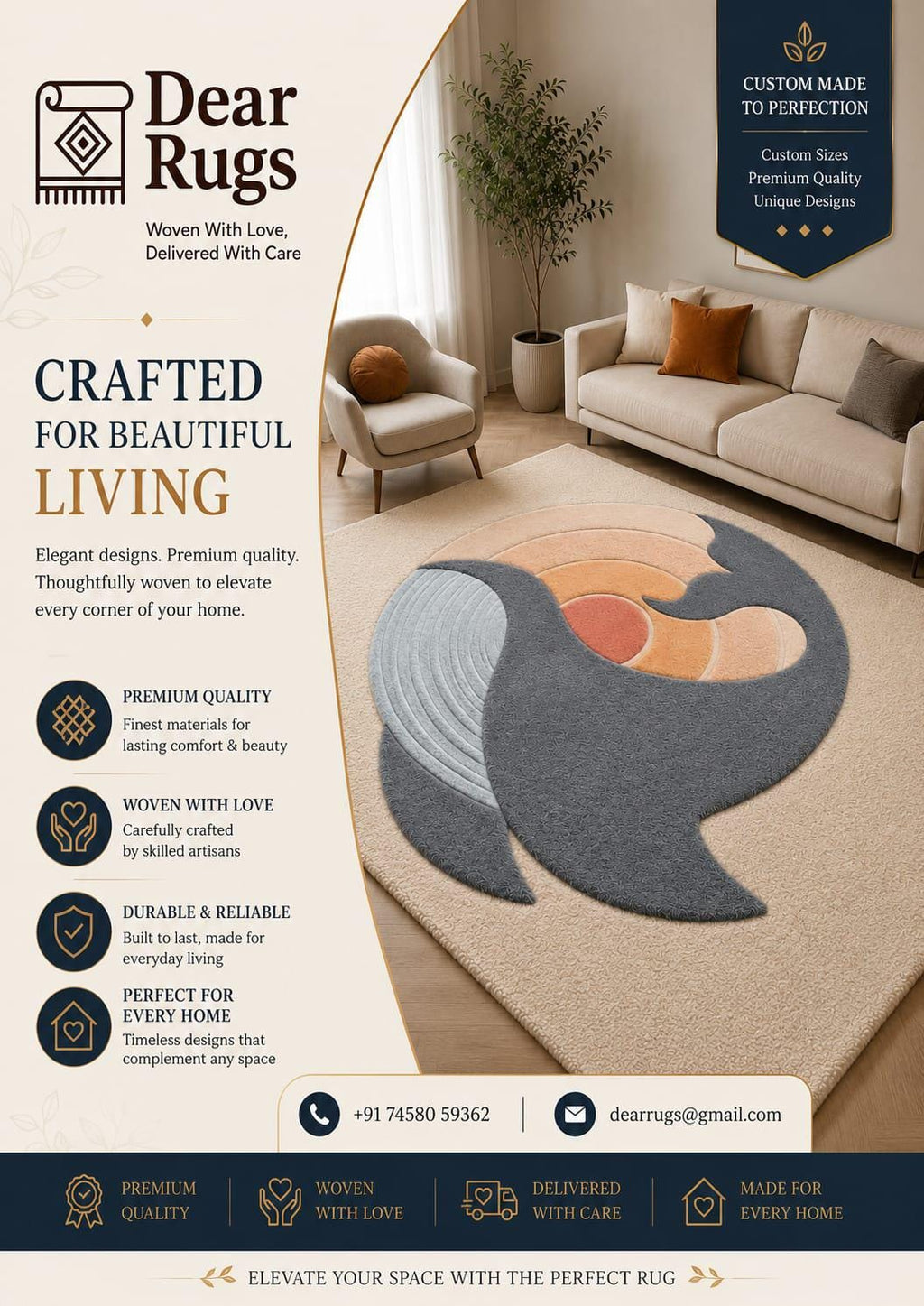 Hand-Tufted Wool Area Rug, Abstract Wave Sunrise Design, Scandinavian Japandi Neutral Mat – view 3