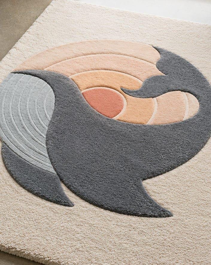 Hand-Tufted Wool Area Rug, Abstract Wave Sunrise Design, Scandinavian Japandi Neutral Mat – view 4