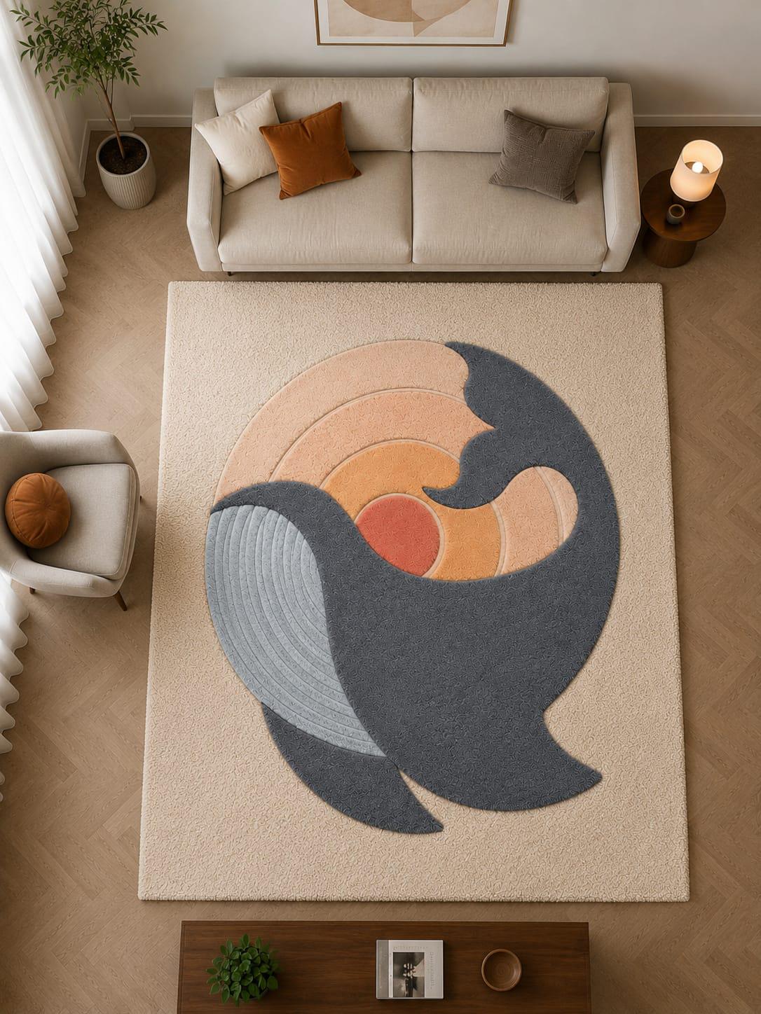 Hand-Tufted Wool Area Rug, Abstract Wave Sunrise Design, Scandinavian Japandi Neutral Mat – view 6