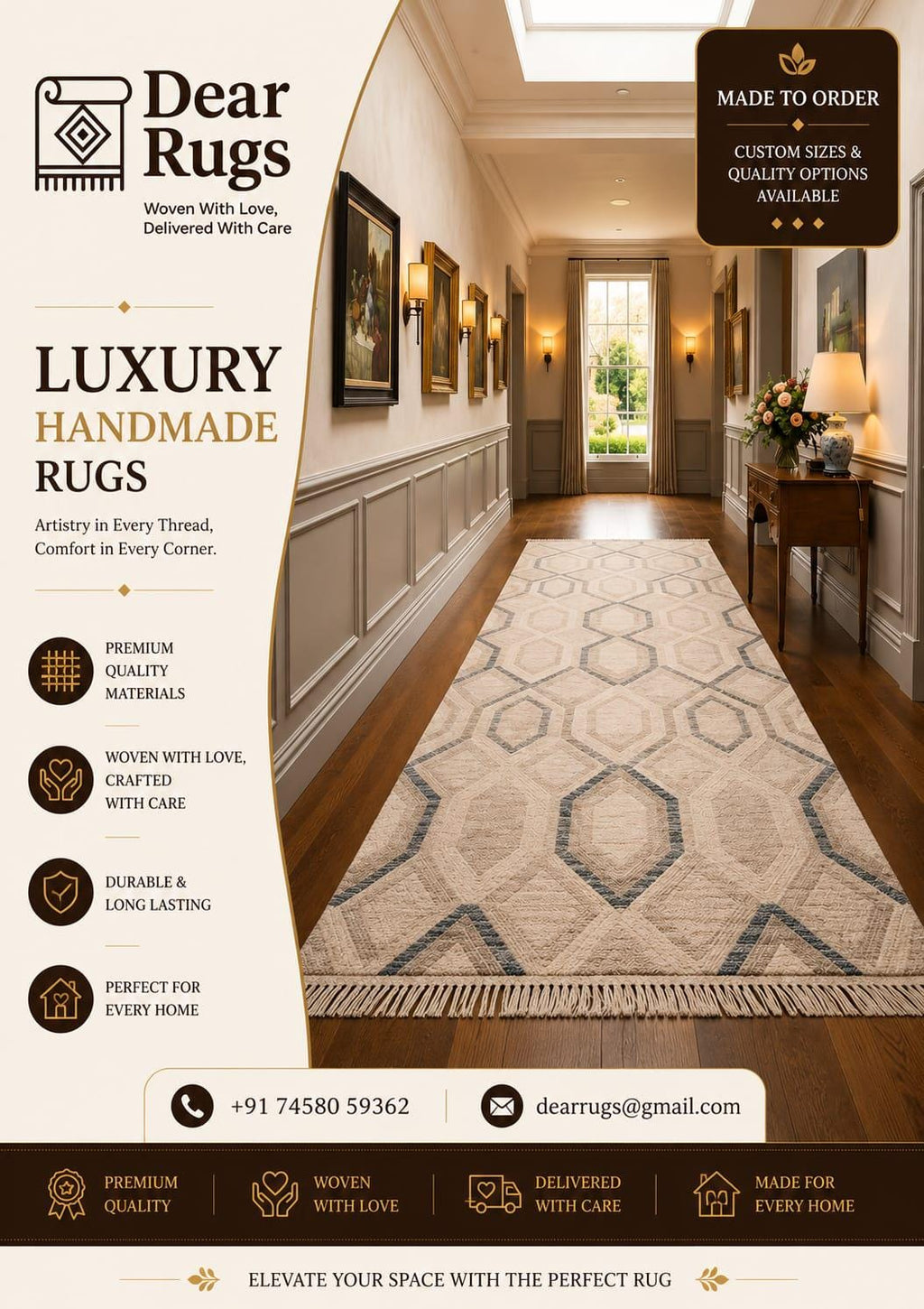 Hand-Woven Wool Runner Rug, Geometric Ivory Blue Scandinavian Japandi Carpet – view 2