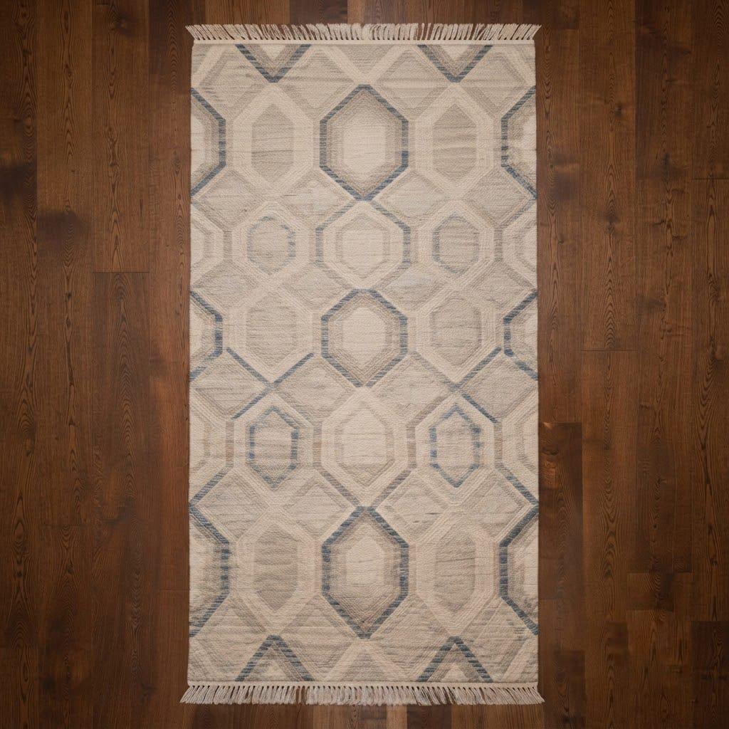Hand-Woven Wool Runner Rug, Geometric Ivory Blue Scandinavian Japandi Carpet – view 3