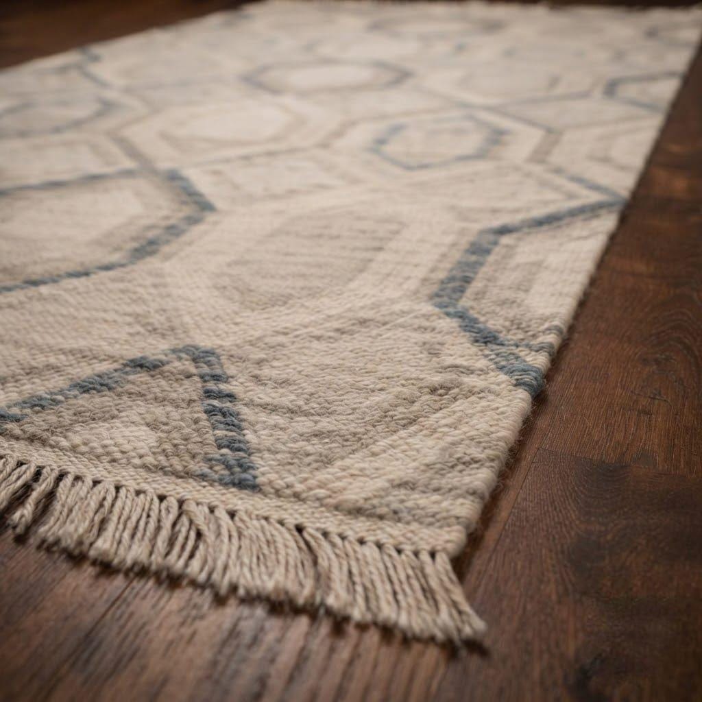 Hand-Woven Wool Runner Rug, Geometric Ivory Blue Scandinavian Japandi Carpet – view 4