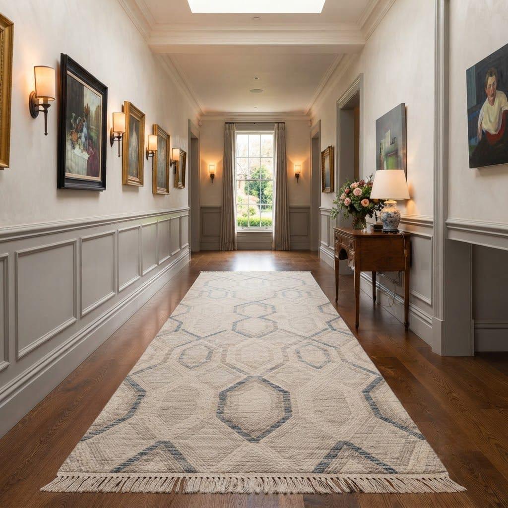 Hand-Woven Wool Runner Rug, Geometric Ivory Blue Scandinavian Japandi Carpet – view 5