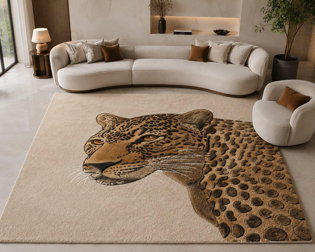 Hand-Tufted Wool Leopard Area Rug, Realistic Wildlife Portrait Carpet – main view
