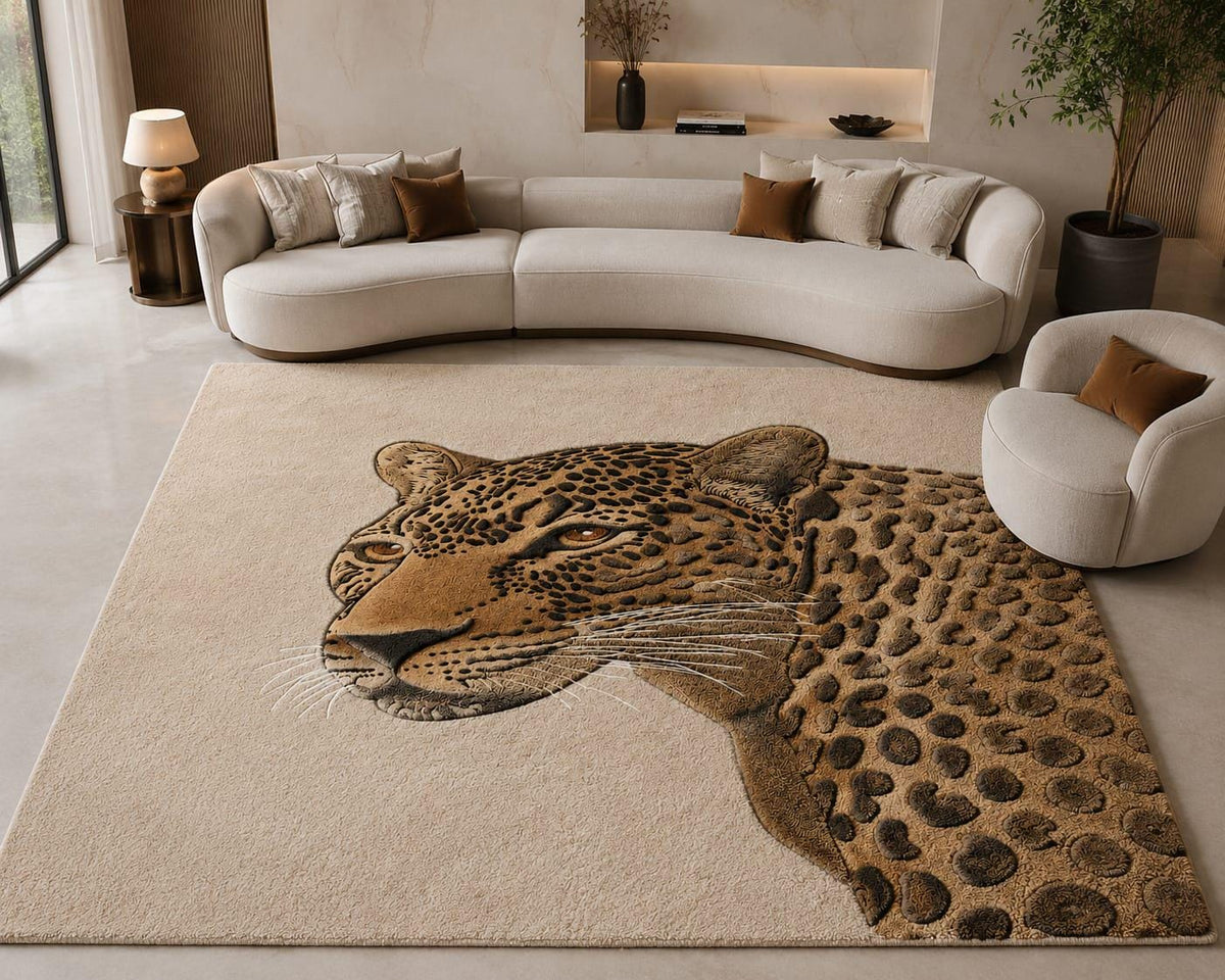 Hand-Tufted Wool Leopard Area Rug, Realistic Wildlife Portrait Carpet – main view