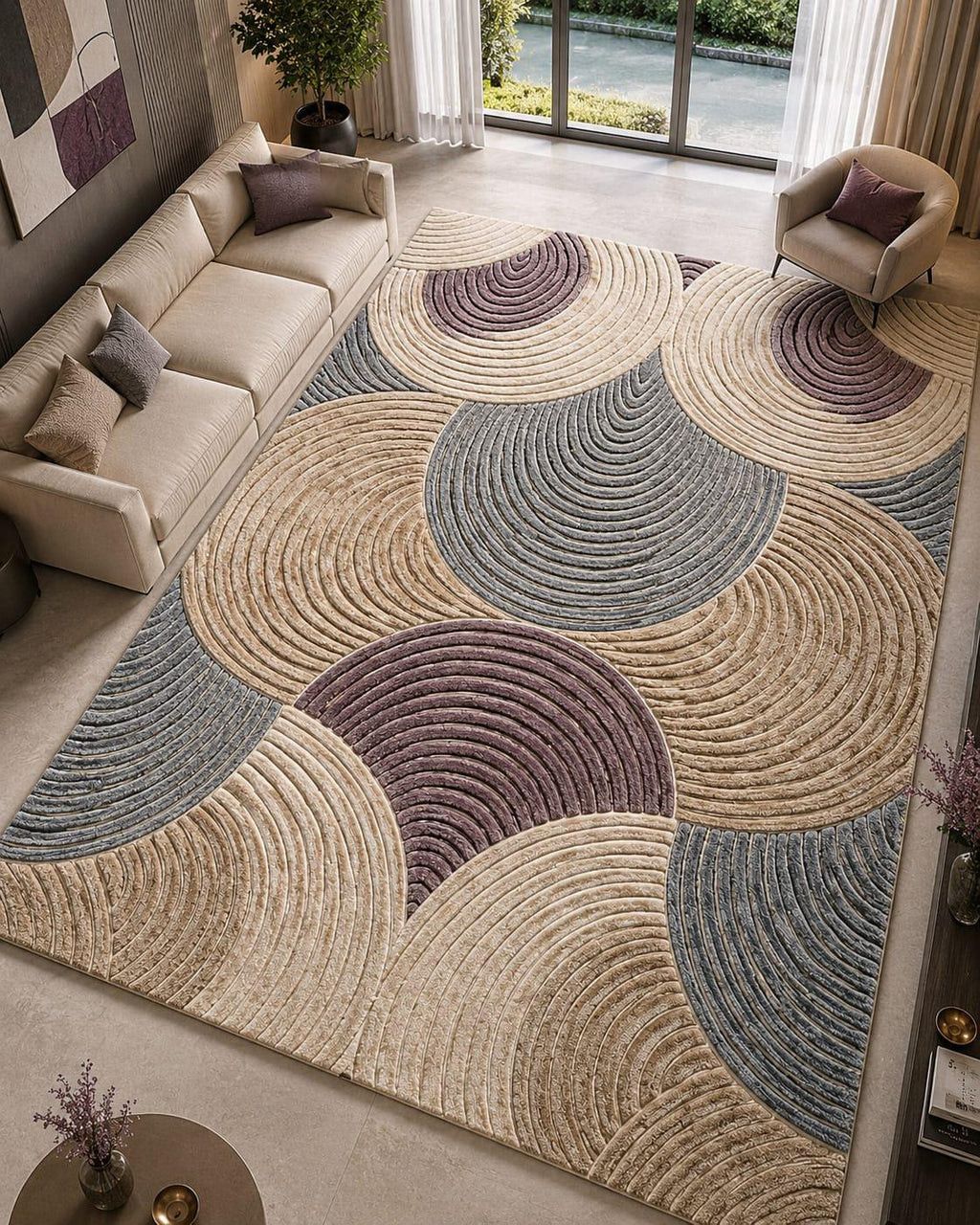 Hand Tufted Wool Area Rug | Modern Geometric Arch Pattern, Scandinavian Beige Plum Home Decor – main view