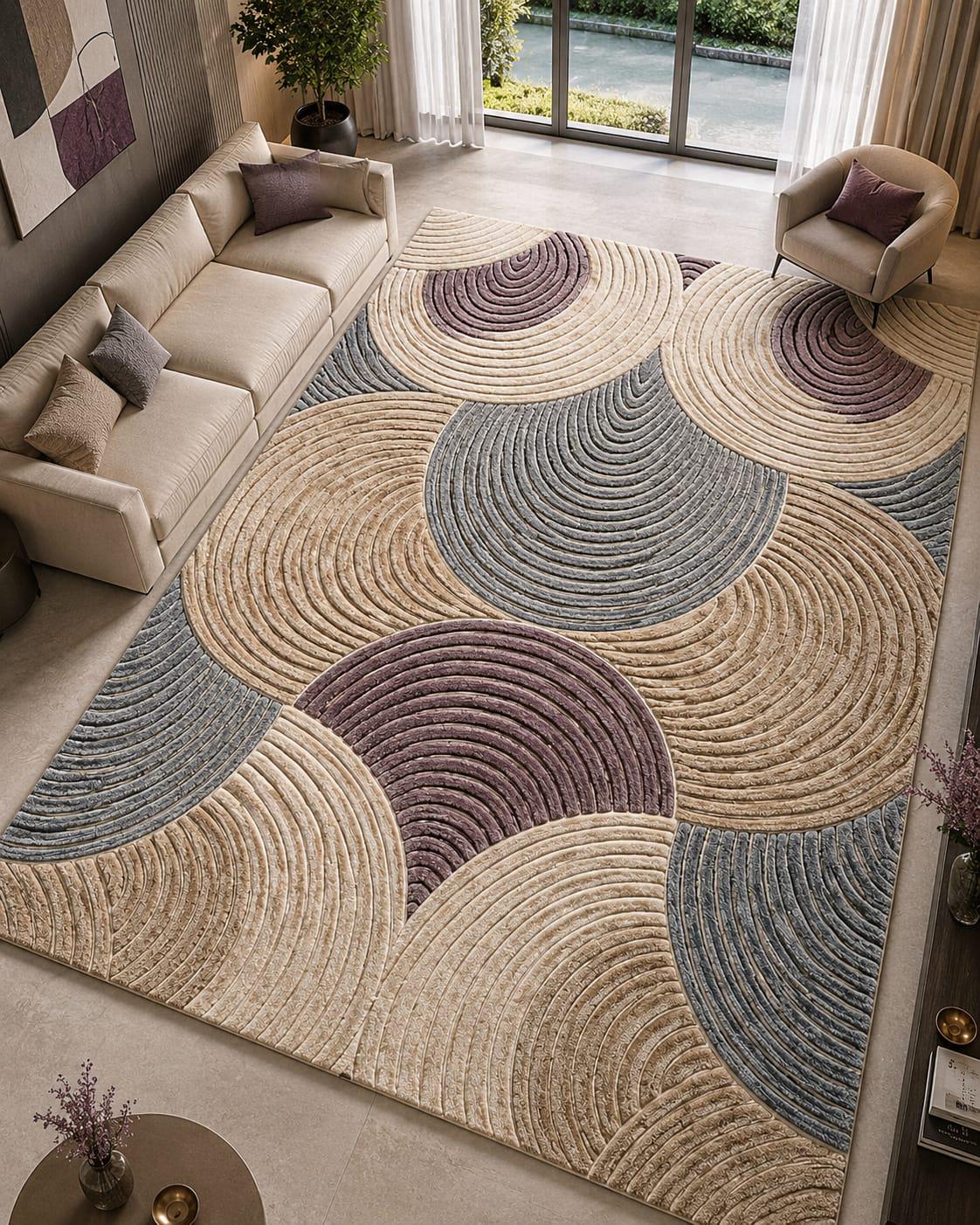 Hand Tufted Wool Area Rug | Modern Geometric Arch Pattern, Scandinavian Beige Plum Home Decor – main view