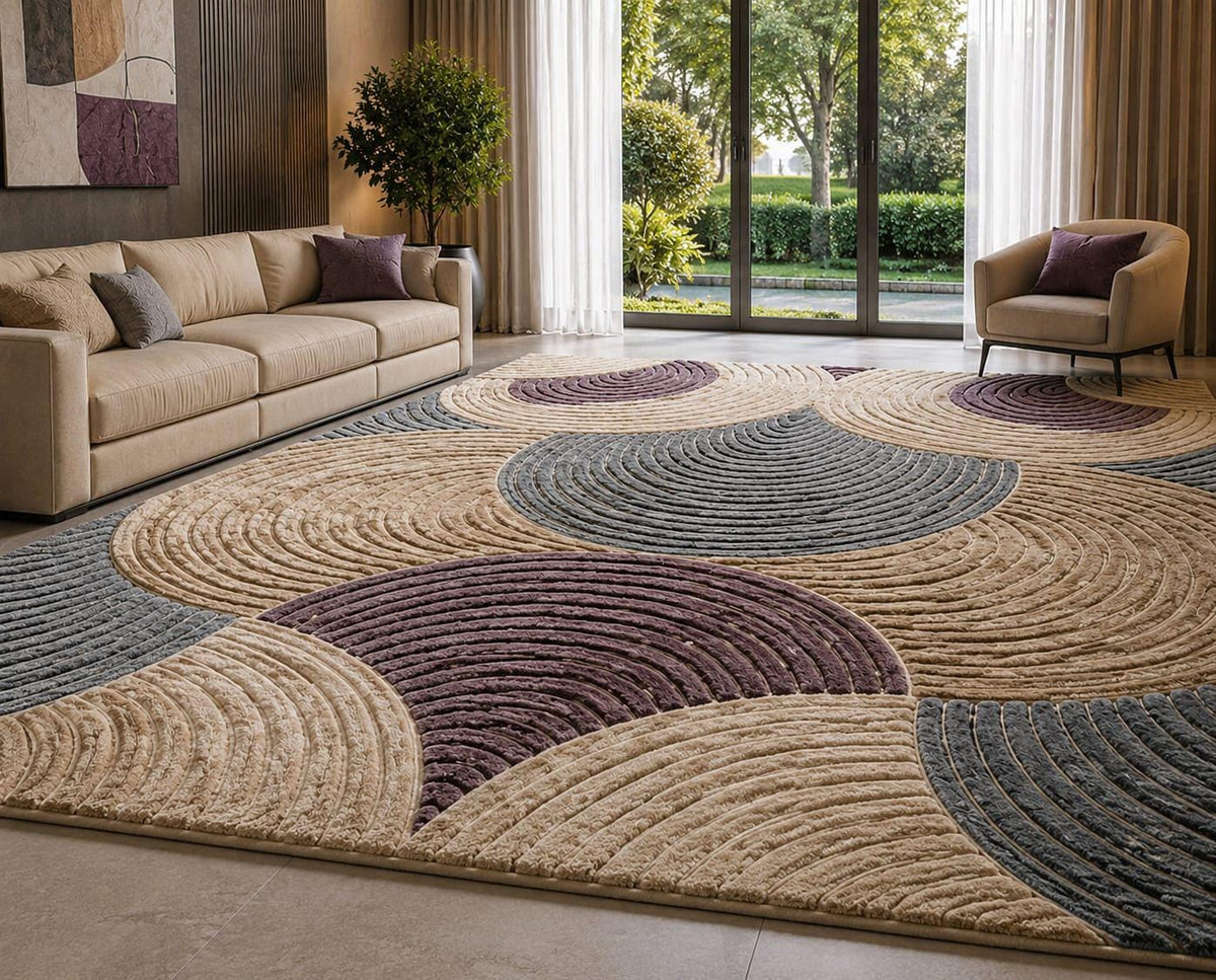 Hand Tufted Wool Area Rug | Modern Geometric Arch Pattern, Scandinavian Beige Plum Home Decor – view 3