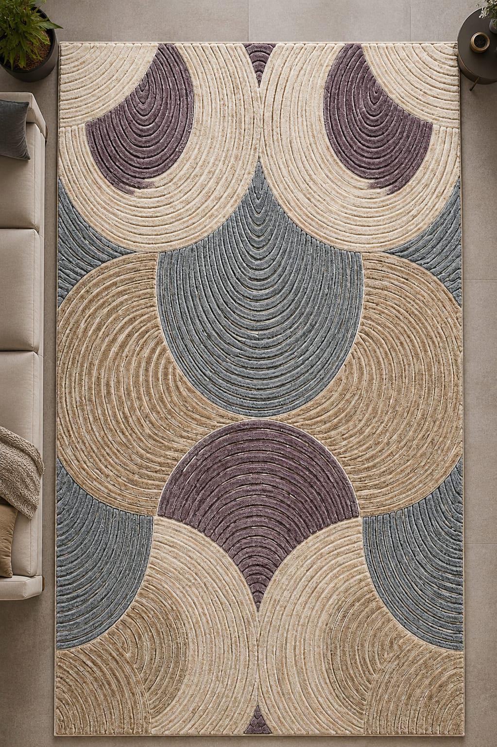 Hand Tufted Wool Area Rug | Modern Geometric Arch Pattern, Scandinavian Beige Plum Home Decor – view 4