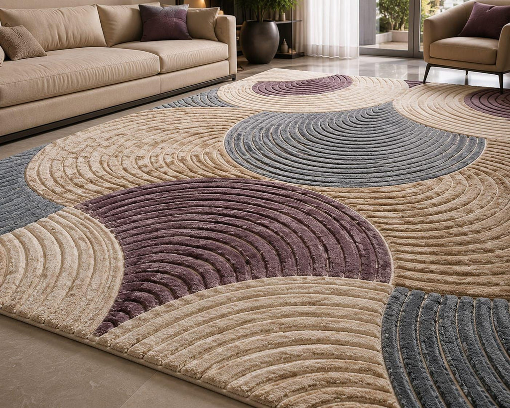 Hand Tufted Wool Area Rug | Modern Geometric Arch Pattern, Scandinavian Beige Plum Home Decor – view 5