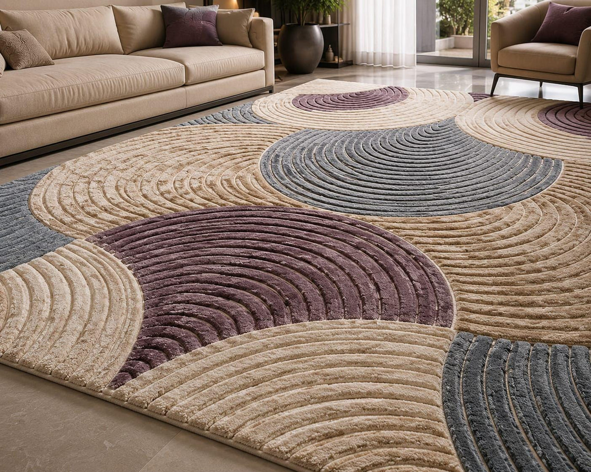 Hand Tufted Wool Area Rug | Modern Geometric Arch Pattern, Scandinavian Beige Plum Home Decor – view 5