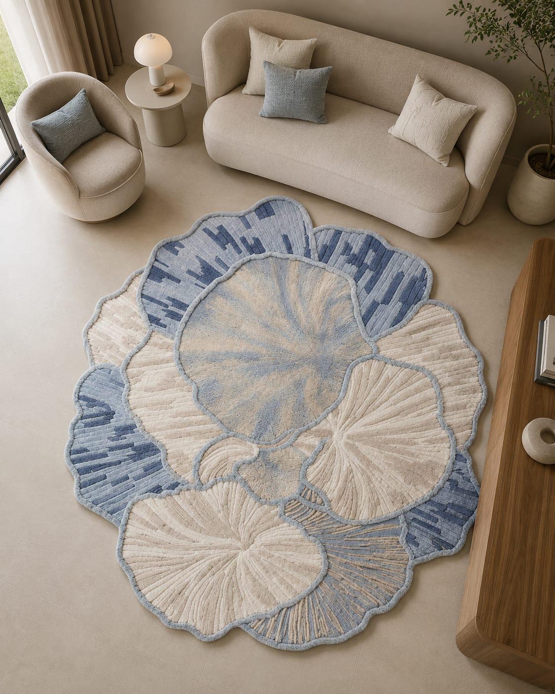 Hand-Tufted Wool Area Rug – Organic Floral Petal Design, Neutral Blue Tones – main view