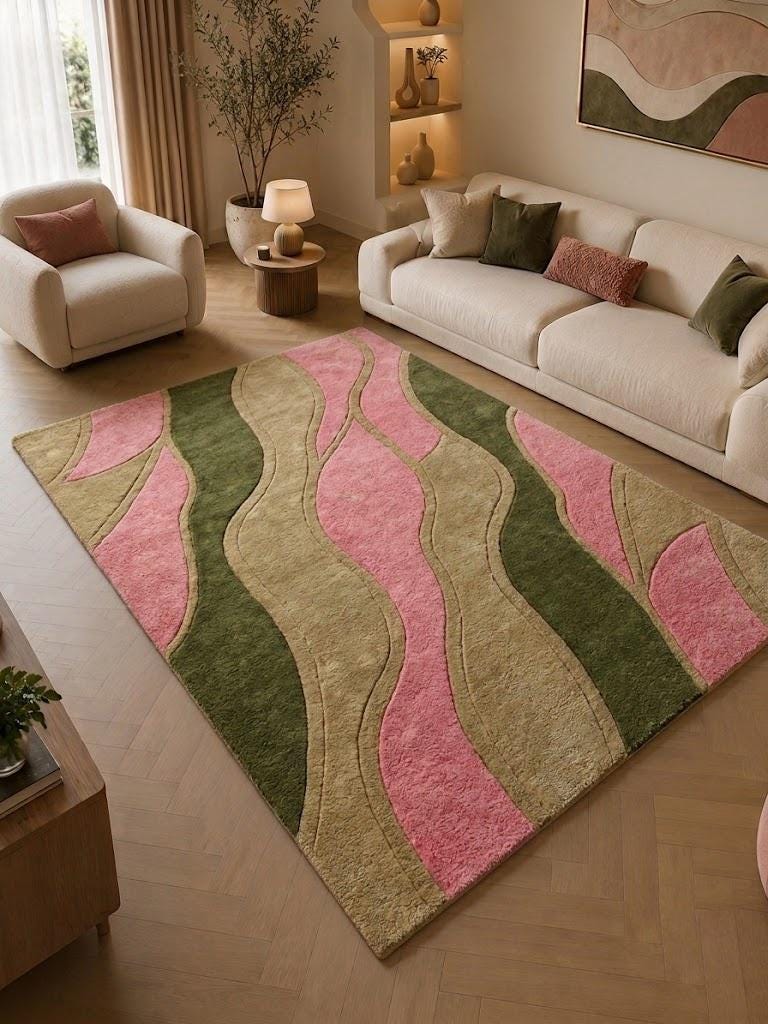 Pastel Wavy Wool Rug, Sage Green Pink Hand Tufted Carpet, Modern Abstract Floor Rug – main view
