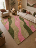 Pastel Wavy Wool Rug, Sage Green Pink Hand Tufted Carpet, Modern Abstract Floor Rug – main view