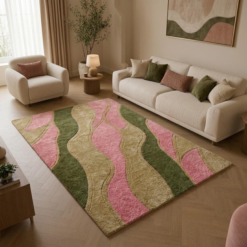Pastel Wavy Wool Rug, Sage Green Pink Hand Tufted Carpet, Modern Abstract Floor Rug – view 2