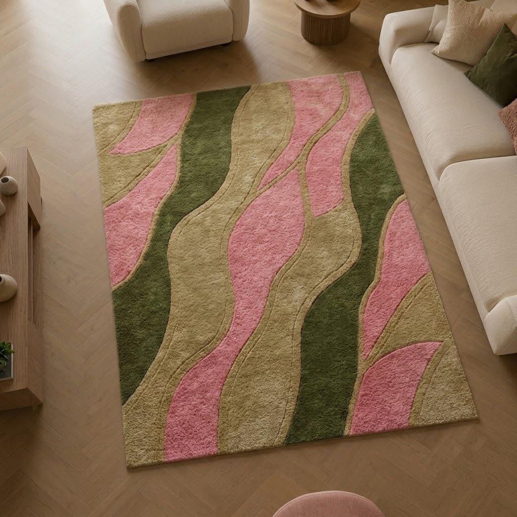 Pastel Wavy Wool Rug, Sage Green Pink Hand Tufted Carpet, Modern Abstract Floor Rug – view 3