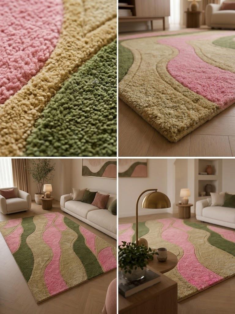 Pastel Wavy Wool Rug, Sage Green Pink Hand Tufted Carpet, Modern Abstract Floor Rug – view 5