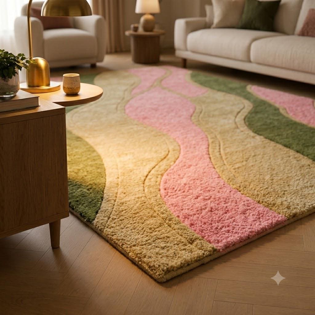 Pastel Wavy Wool Rug, Sage Green Pink Hand Tufted Carpet, Modern Abstract Floor Rug – view 6
