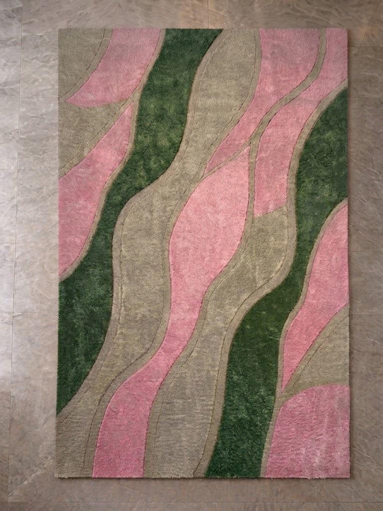 Pastel Wavy Wool Rug, Sage Green Pink Hand Tufted Carpet, Modern Abstract Floor Rug – view 8