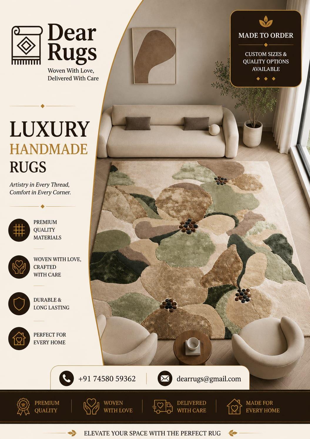 Hand-Tufted Wool Area Rug – Organic Abstract Floral Botanical Design, Earthy Tones – view 3