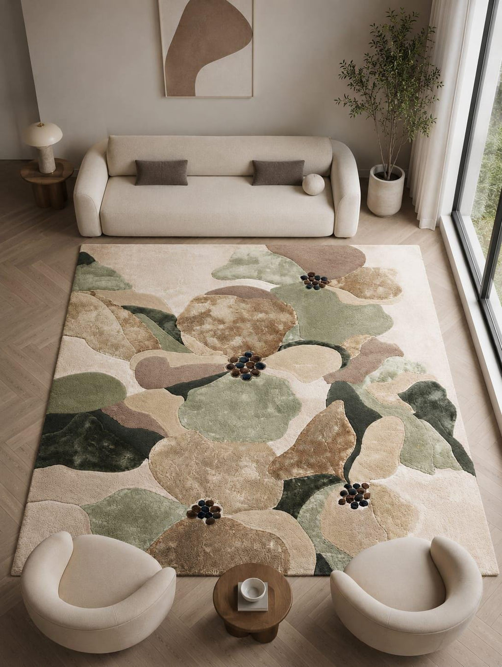 Hand-Tufted Wool Area Rug – Organic Abstract Floral Botanical Design, Earthy Tones – view 4