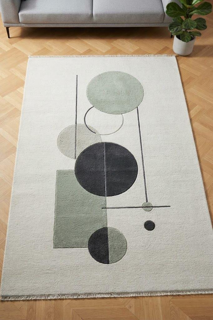 Hand-Tufted Wool Rug, Modern Geometric Abstract Area Carpet, Scandinavian Ivory Sage Green Beige – main view