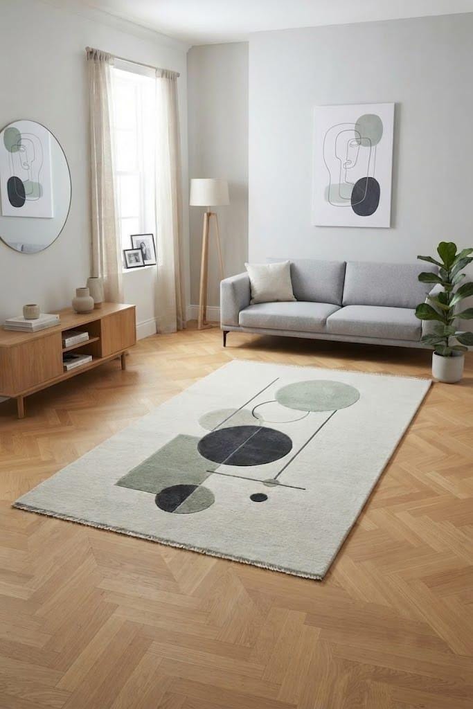 Hand-Tufted Wool Rug, Modern Geometric Abstract Area Carpet, Scandinavian Ivory Sage Green Beige – view 3