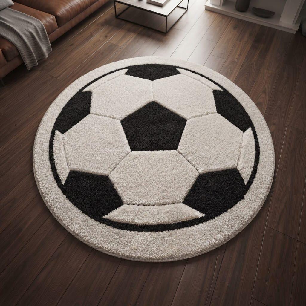 Hand-tufted Wool Soccer Ball Rug, Round Black Ivory Sports Carpet – main view