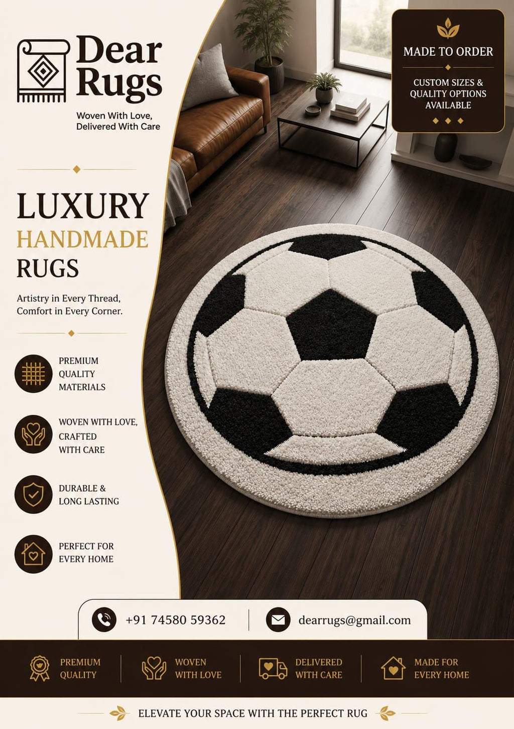 Hand-tufted Wool Soccer Ball Rug, Round Black Ivory Sports Carpet – view 2