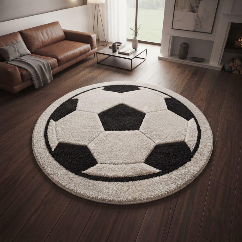 Hand-tufted Wool Soccer Ball Rug, Round Black Ivory Sports Carpet – view 3