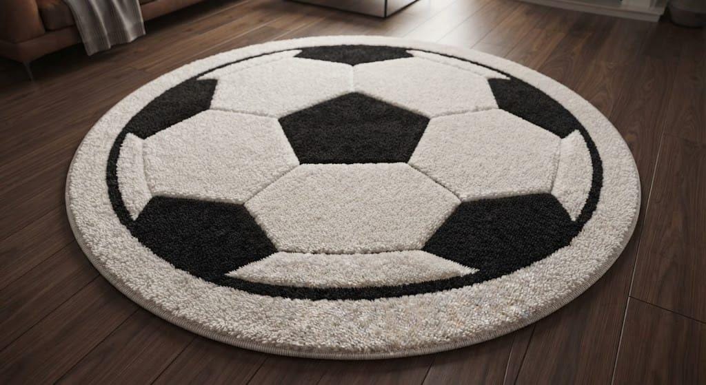 Hand-tufted Wool Soccer Ball Rug, Round Black Ivory Sports Carpet – view 4